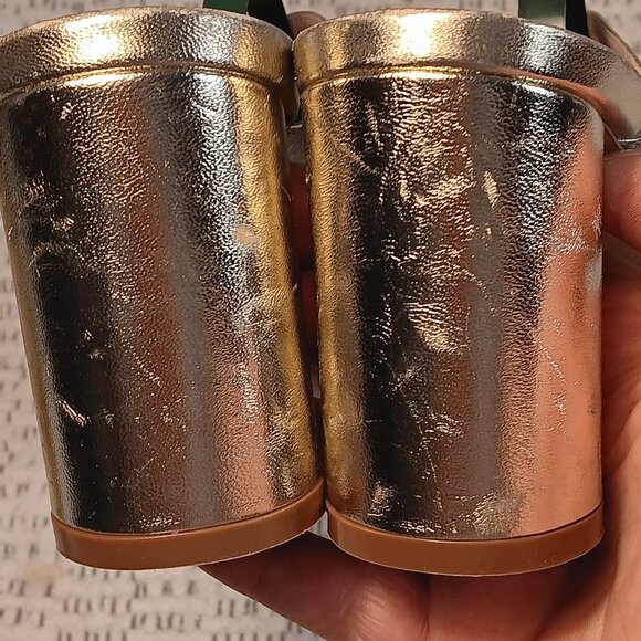 Stuart Weitzman women's 'Galene' gold metallic leather open toe heel sandals 7.5 - Picture 9 of 15